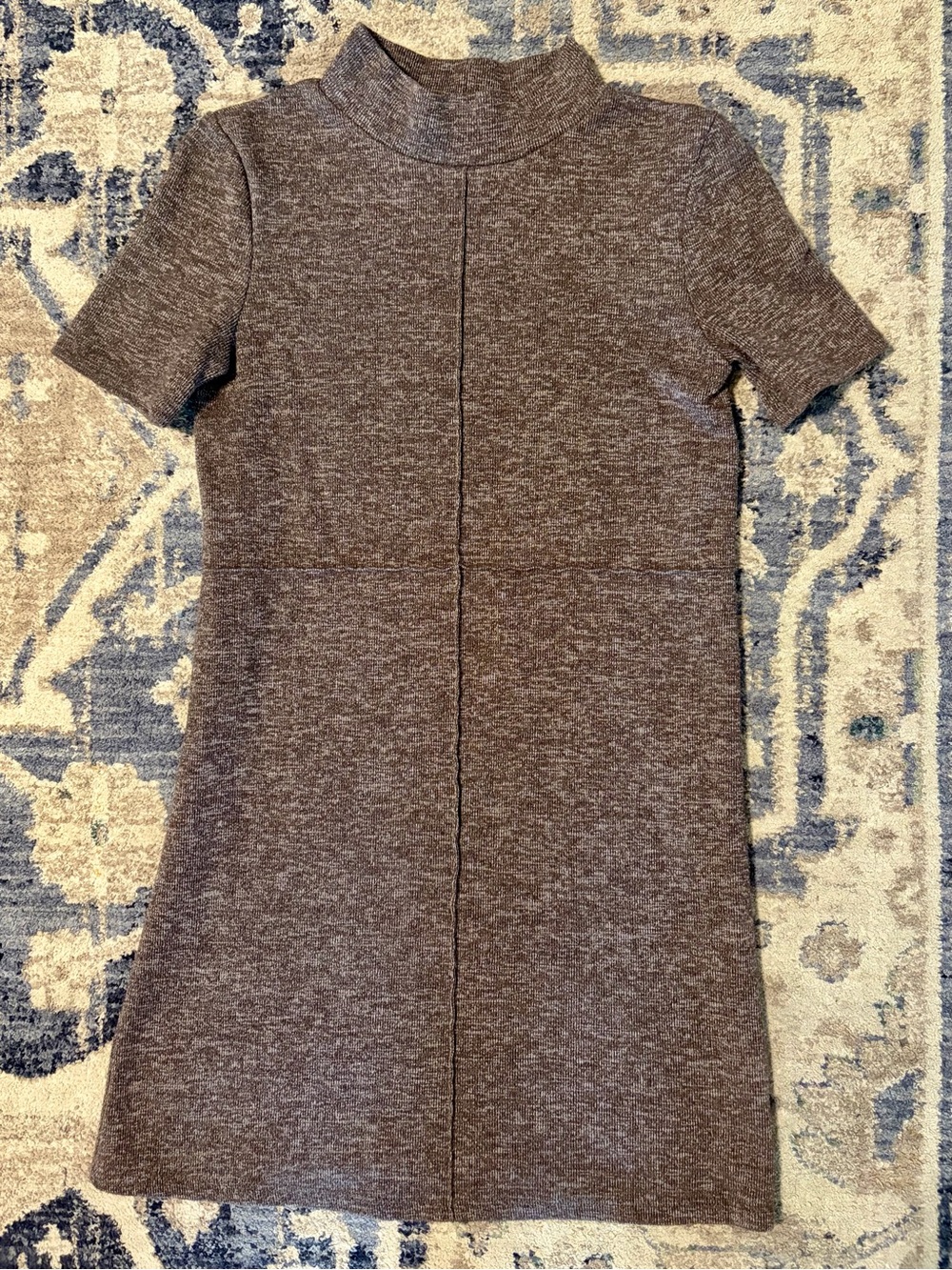 Zara Heather Brown Retro Short-Sleeve Mock Neck Mini Sweater Dress